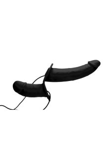 Strap U Power Pegger Silicone Vibrating Double Pleasure 6.5in Dildo with Harness and Wired Remote Control - Black