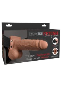 Fetish Fantasy Series Rechargeable Hollow Strap-On Dildo with Balls and Harness with Remote Control 7in - Caramel