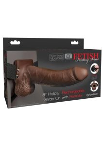 Fetish Fantasy Series Rechargeable Hollow Strap-on Dildo with Balls and Harness with Remote Control 8in - Chocolate