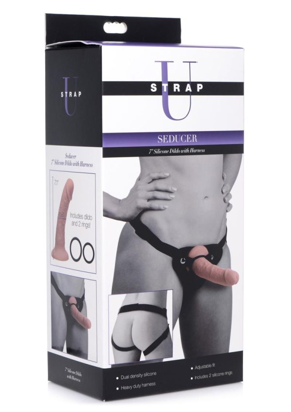 Strap-U Seducer Silicone Dildo with Harness 7in - Vanilla
