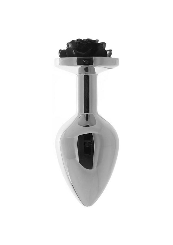 Rear Assets Rose Aluminum Anal Plug - Medium - Black/Silver
