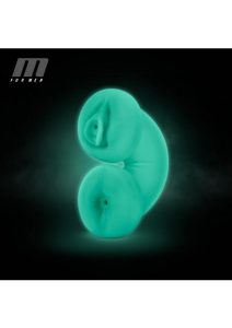 M for Men Soft and Wet Double Trouble Glow In The Dark Masturbator - Turquoise/Vanilla
