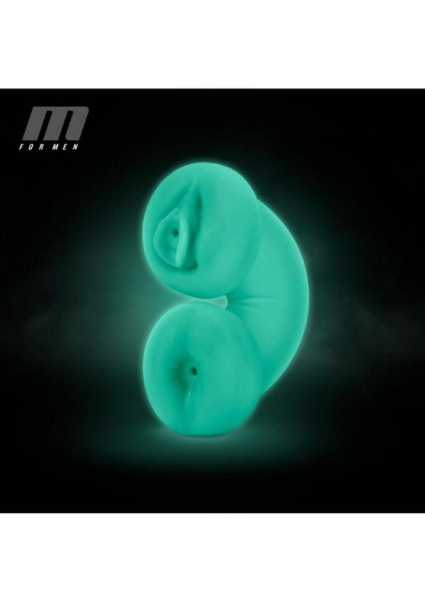 M for Men Soft and Wet Double Trouble Glow In The Dark Masturbator - Turquoise/Vanilla