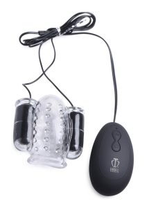 Trinity Men Twin Bullet Penis Head Teaser with Wired Remote Control - Clear