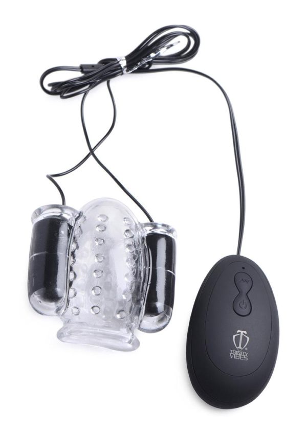 Trinity Men Twin Bullet Penis Head Teaser with Wired Remote Control - Clear