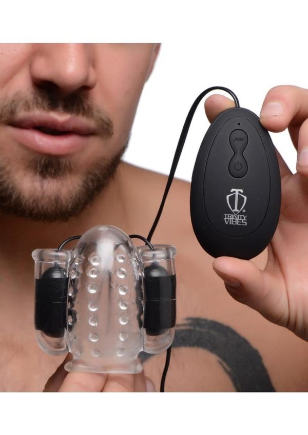 Trinity Men Twin Bullet Penis Head Teaser with Wired Remote Control - Clear