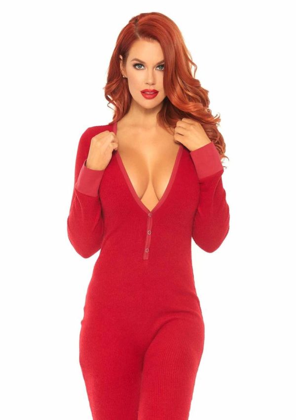 Leg Avenue Cozy Brushed Rib Long Johns with Cheeky Snap Closure Back Flap - XL - Red