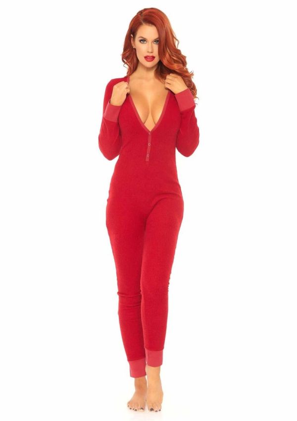 Leg Avenue Cozy Brushed Rib Long Johns with Cheeky Snap Closure Back Flap - XL - Red