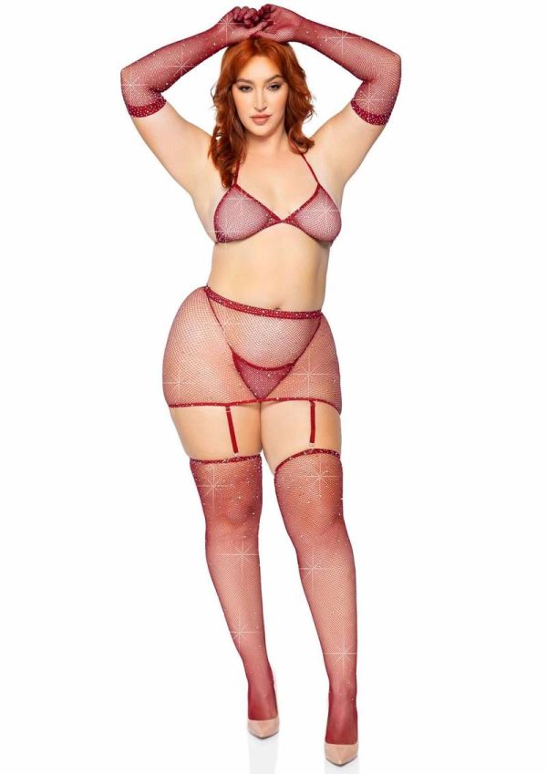 Leg Avenue Rhinestone Fishnet Garter Skirt Set with Bikini Top