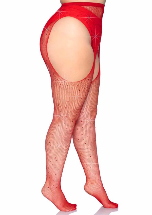 Leg Avenue Crystalized Fishnet Suspender Pantyhose - 1X/2X - Red