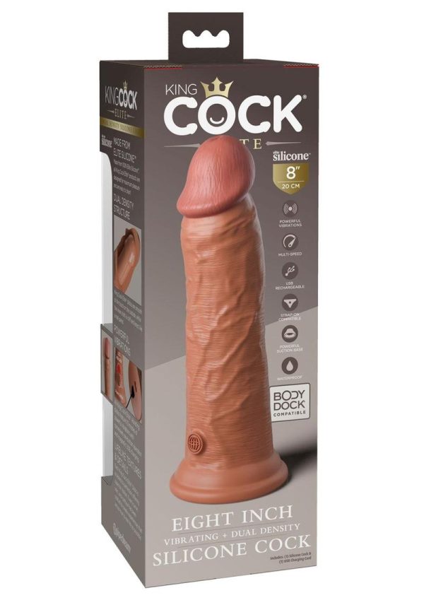 King Cock Elite Dual Density Vibrating Rechargeable Silicone Dildo with Remote Control 8in - Caramel