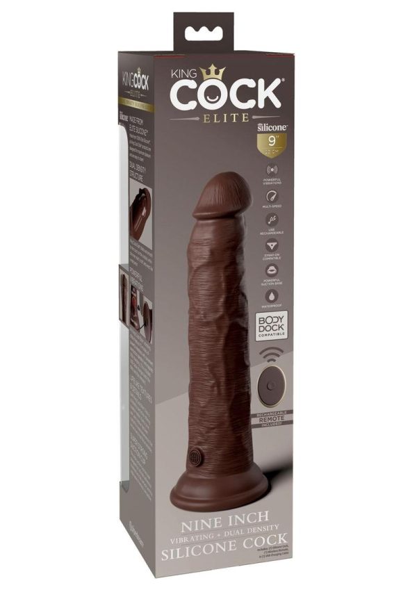 King Cock Elite Dual Density Vibrating Rechargeable Silicone Dildo with Remote Control 9in - Chocolate