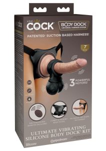 King Cock Elite Ultimate Vibrating Rechargeable Silicone Body Dock Kit with Vibrating Crown Jewels and Dildo with Remote Control 8in - Vanilla/Black
