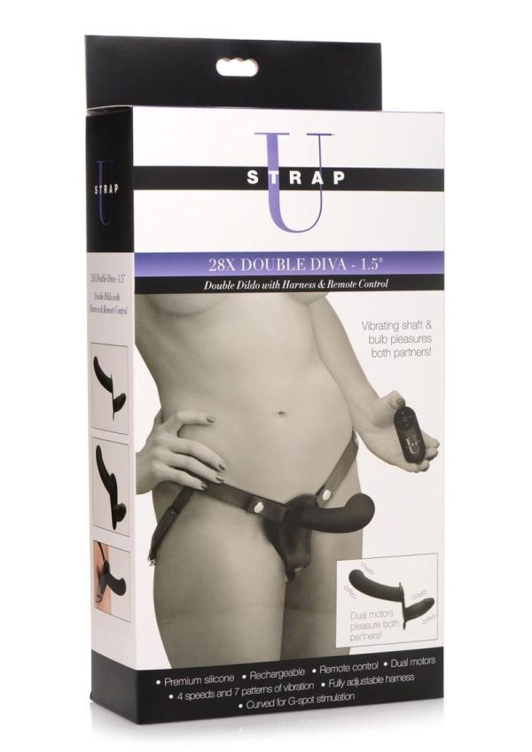 Strap U 28x Rechargeable Silicone 28X Double Dildo with Harness and Remote Control - Black