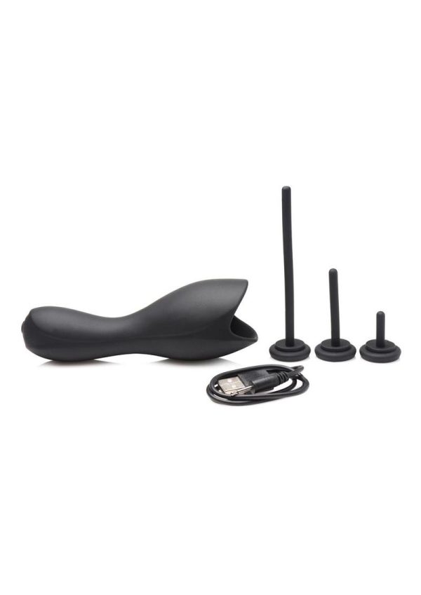 Trinity Men 10X Vibrating Rechargeable Silicone Penis Head Teaser with Urethral Sounds - Black
