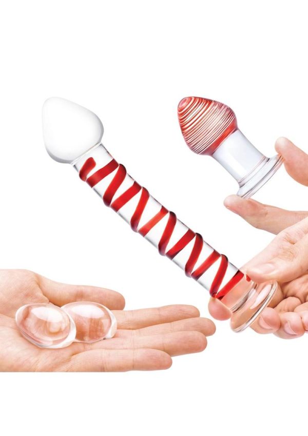 Glas Mr. Swirly Set with Glass Kegel Balls (4 piece) - Clear/Red