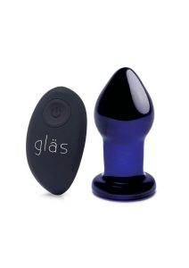 Glas RechargeableVibrating Glass Butt Plug with  Remote Control 3.5in - Blue