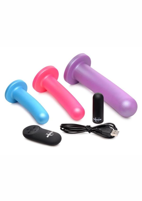 Strap U Triple Peg 28X Vibrating Rechargeable Silicone Dildo Set with Remote Control (5 piece) - Assorted Colors