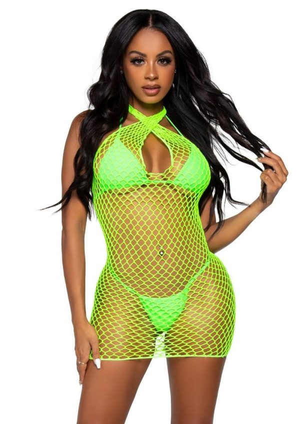 Leg Avenue Woven Net Twist Halter Mini Dress - OS - Neon Green