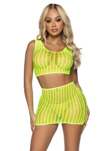 Leg Avenue Crochet Net Tank Crop Top and Mini Skirt (2 pieces) - OS - Neon Yellow