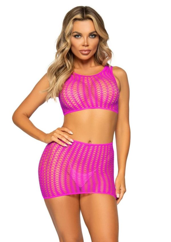 Leg Avenue Crochet Net Tank Crop Top and Mini Skirt (2 pieces) - OS - Neon Pink