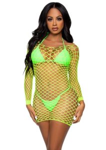 Leg Avenue Supreme Fence Net Long Sleeved Mini Dress - OS - Neon Green