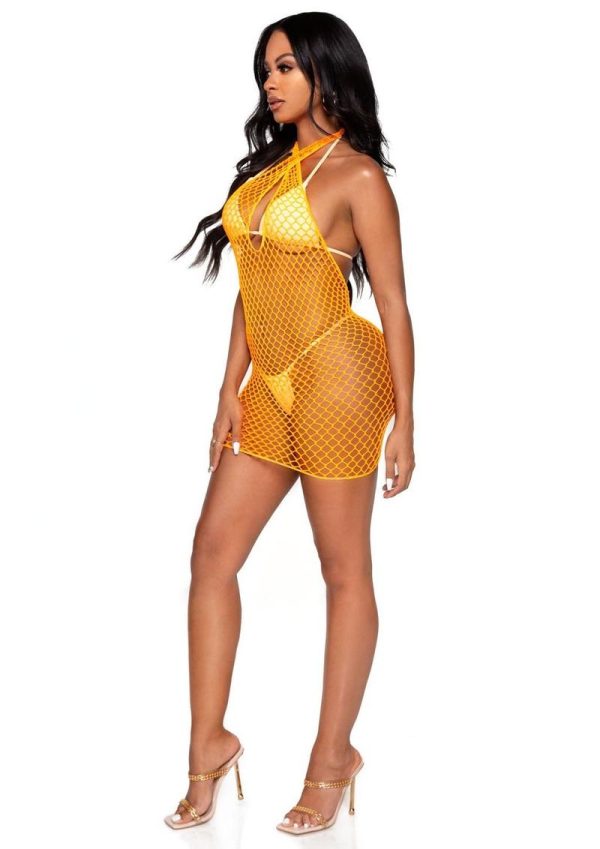 Leg Avenue Woven Net Twist Halter Mini Dress - OS - Neon Orange