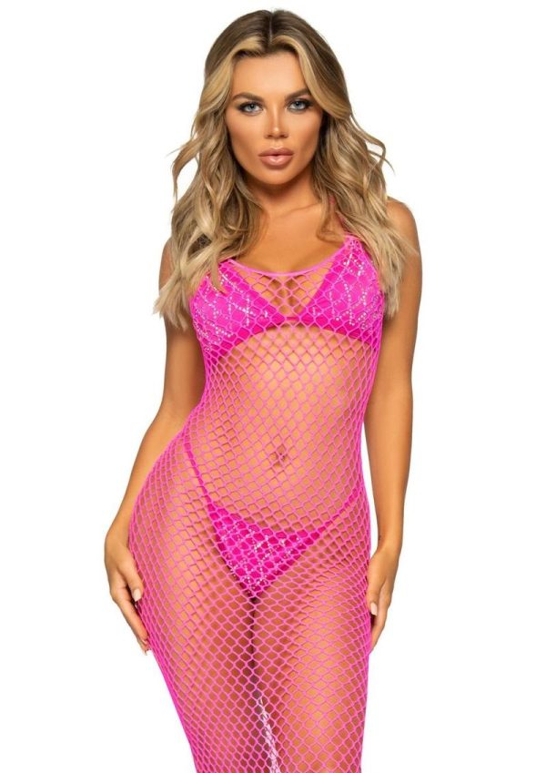 Leg Avenue Woven Twist Net Backless Maxi Dress - OS - Neon Pink