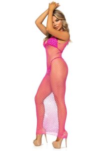 Leg Avenue Woven Twist Net Backless Maxi Dress - OS - Neon Pink
