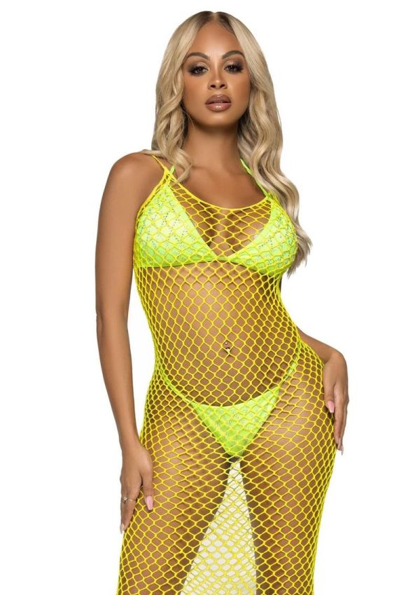 Leg Avenue Woven Twist Net Backless Maxi Dress - OS - Lemon