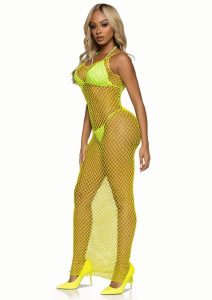 Leg Avenue Woven Twist Net Backless Maxi Dress - OS - Lemon