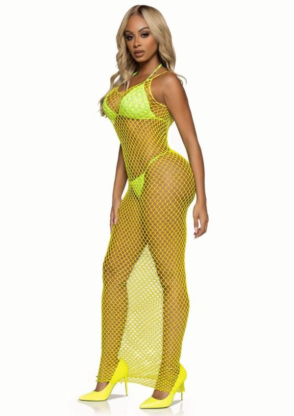 Leg Avenue Woven Twist Net Backless Maxi Dress - OS - Lemon