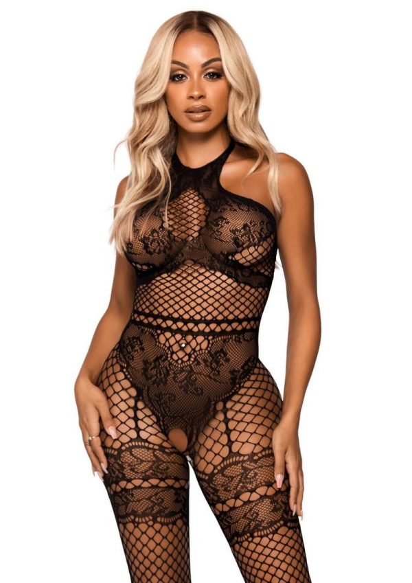 Leg Avenue Seamless Industrial Net Halter Bodystocking with Faux Lace Lingerie Detail - OS - Black