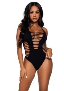 Leg Avenue Seamless Shredded Racer Back Thong Bodysuit - OS - Black