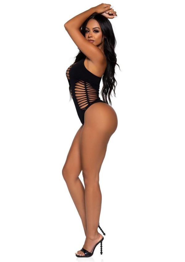 Leg Avenue Seamless Shredded Racer Back Thong Bodysuit - OS - Black