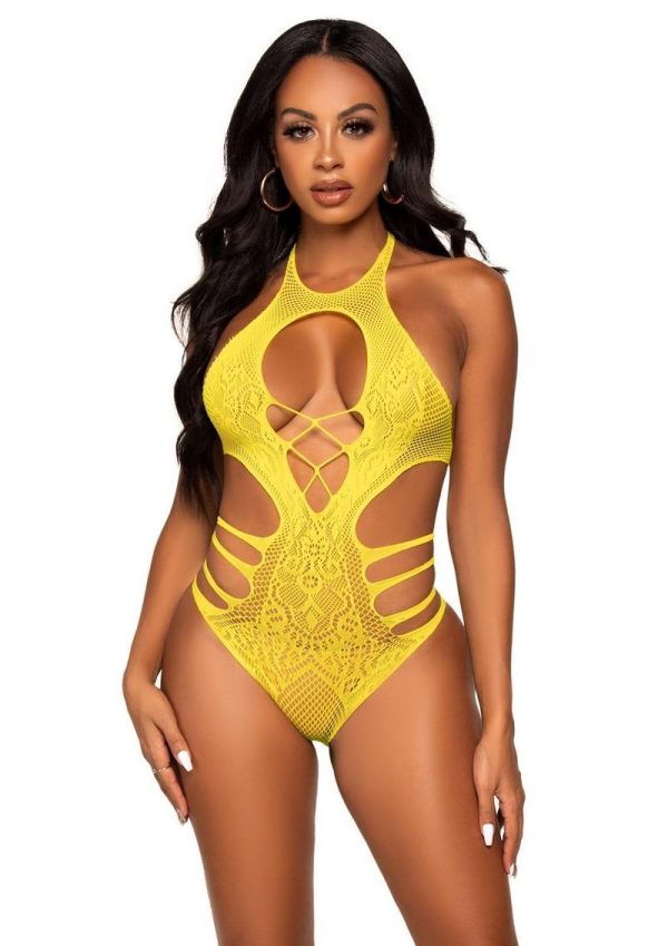 Leg Avenue Lace Cut Out Strappy Bodysuit - OS - Yellow
