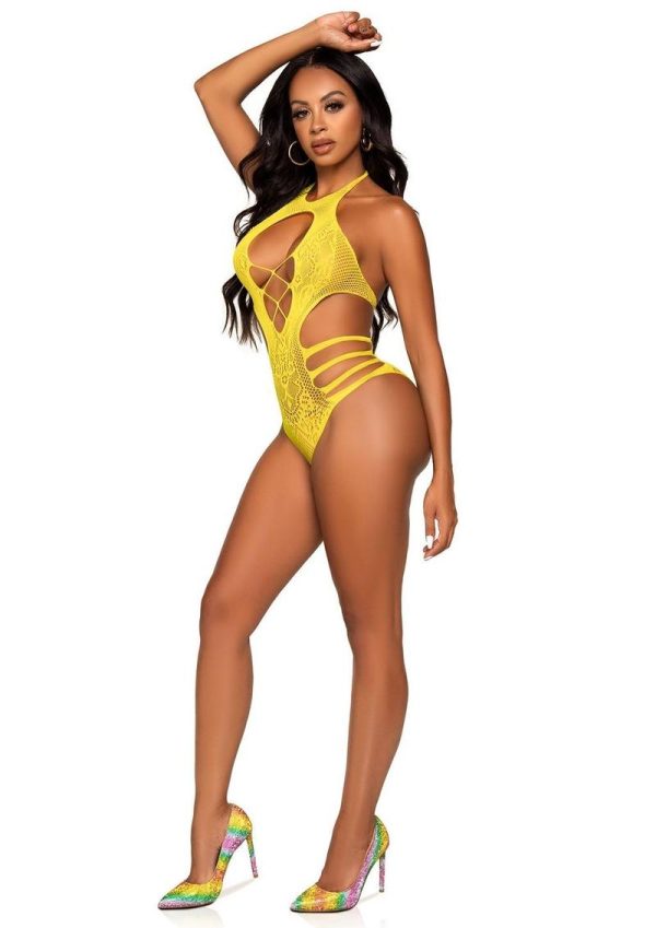 Leg Avenue Lace Cut Out Strappy Bodysuit - OS - Yellow