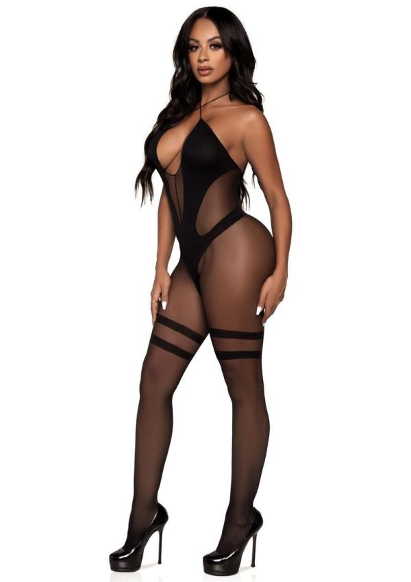 Leg Avenue Opaque and Sheer Keyhole Twist Halter Bodystocking - OS - Black