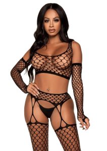 Garter Stockings and Matching Gloves (3 pieces) - OS - Black