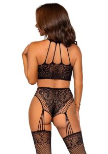 Leg Avenue Lace and Net Halter Crop Top and High Waist Crotchless Garter Panty with Attached Stockings (2 pieces) - OS - Black
