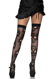 Leg Avenue Sugar Skull Net Thigh Highs - OS - Black