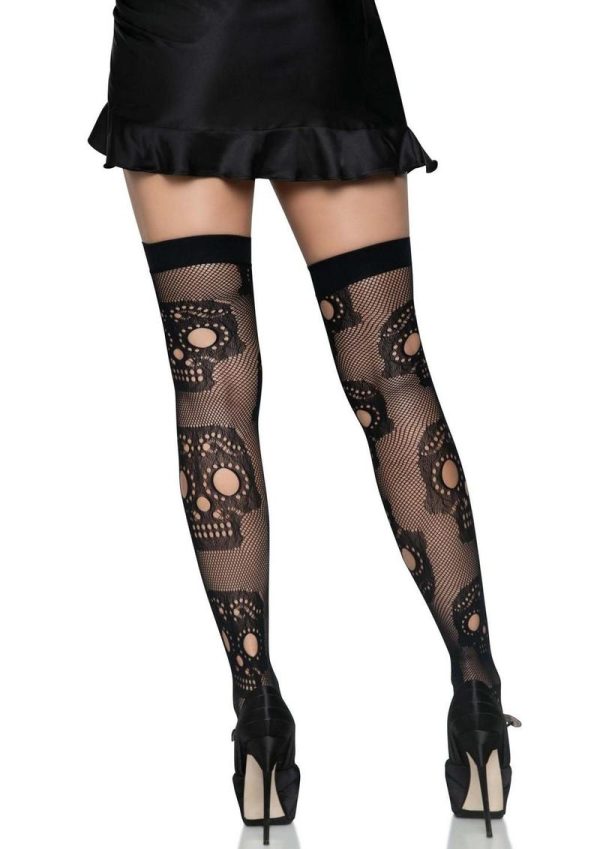 Leg Avenue Sugar Skull Net Thigh Highs - OS - Black