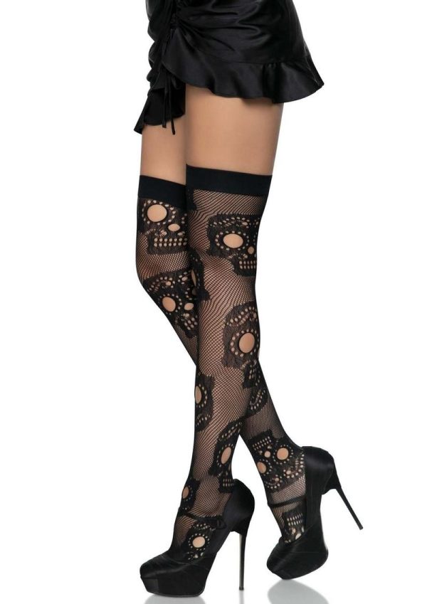 Leg Avenue Sugar Skull Net Thigh Highs - OS - Black