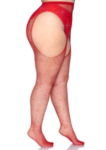 Leg Avenue Rhinestone Fishnet Stockings - 1X/2X - Red