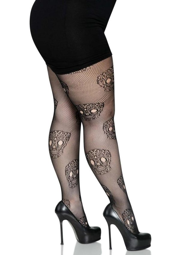 Leg Avenue Lace Skull Fishnet Tights - 1X/2X - Black