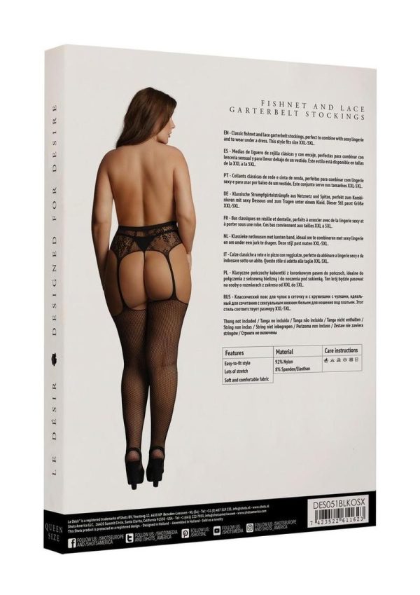 Le Desir Fishnet and Lace Garterbelt Stockings - Queen - Black