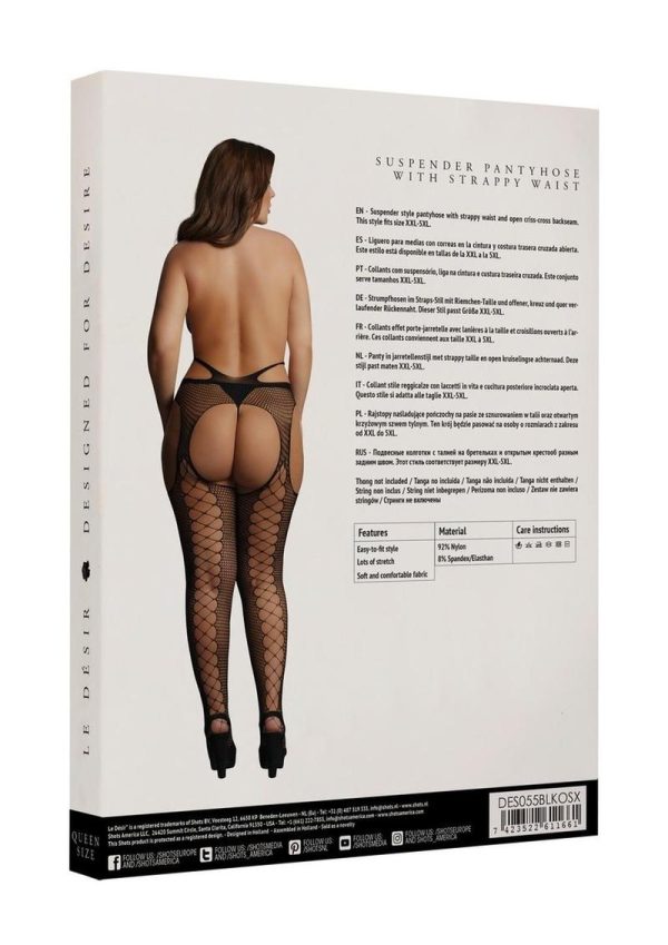 Le Desir Suspender Pantyhose with Strappy Waist - Queen - Black