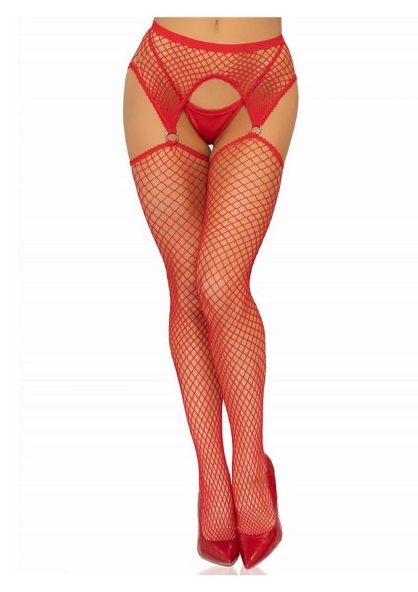 Industrial Net Stockings with O-Ring Attached Garter Belt - OS - Red