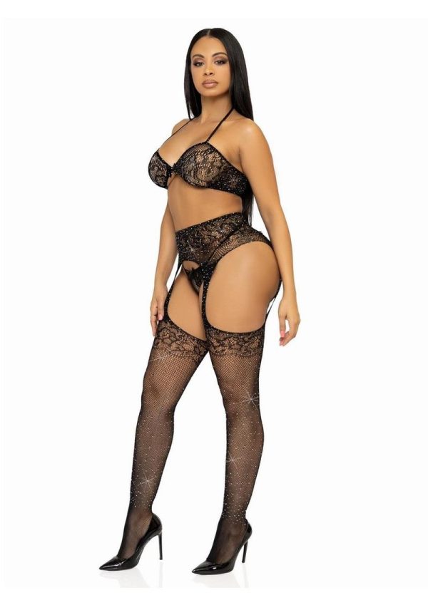 and Fishnet Garter Belt Stocking (3 Piece) - OS - Black