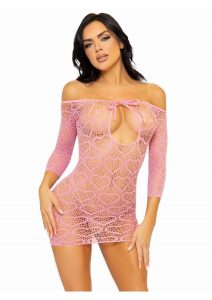 Leg Avenue Seamless Heart Net Mini Dress with Keyhole Tie Front - OS - Pink